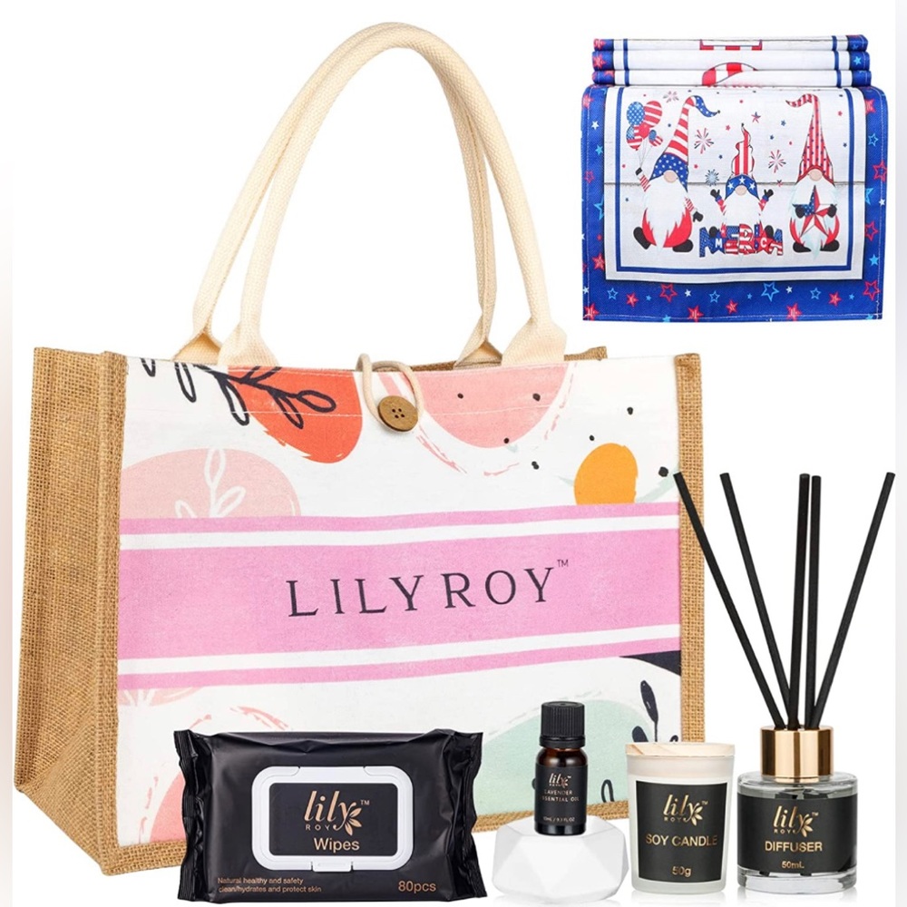 NEW Canvas Tote Bag Gift Set w/Complete Reed Diffuser Gift Set & Candle & Runner